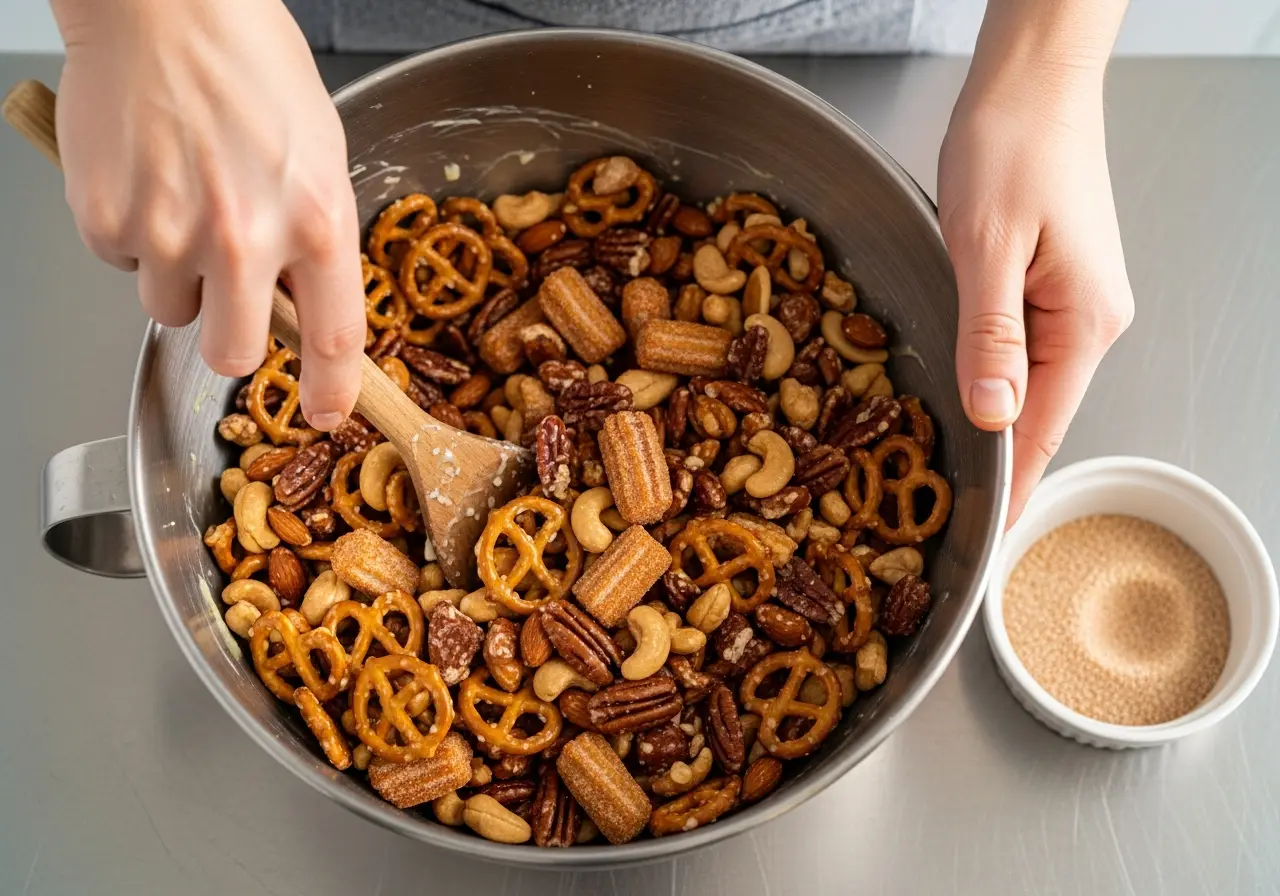 Tossing pretzels and nuts with cinnamon sugar coating for churro snack mix.