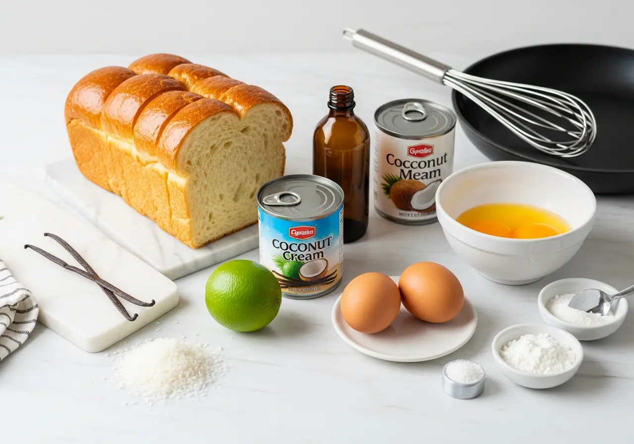 Ingredients for coconut cream French toast: brioche bread, coconut milk, eggs, vanilla, and tropical fruit.
