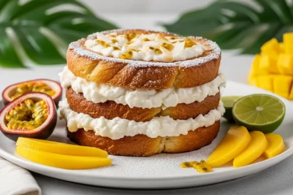 Coconut cream pie French toast stuffed with cream and topped with mango, passionfruit, and toasted coconut.