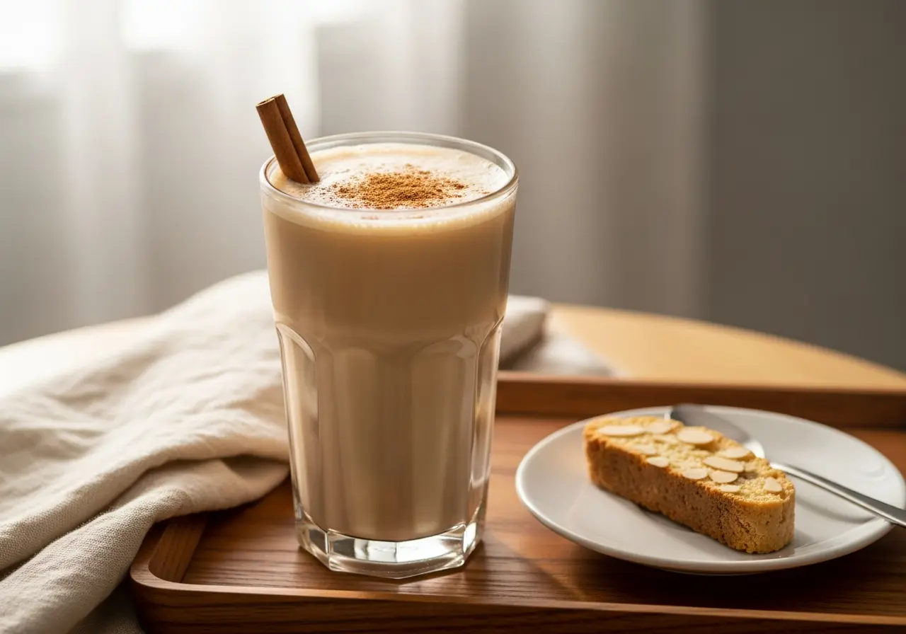 Stirred cold brew coffee with almond milk, garnished with cinnamon and served with biscotti.

