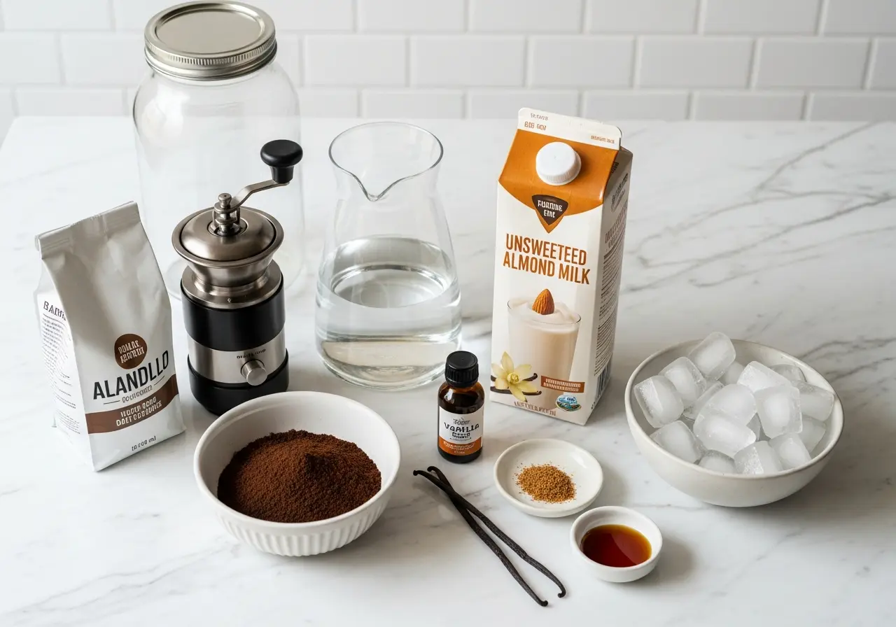 Ingredients for cold brew coffee with almond milk: coffee beans, almond milk, sweetener, and vanilla.