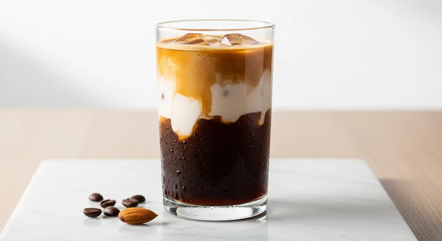 Glass of layered cold brew coffee with unsweetened almond milk, showing distinct separation.