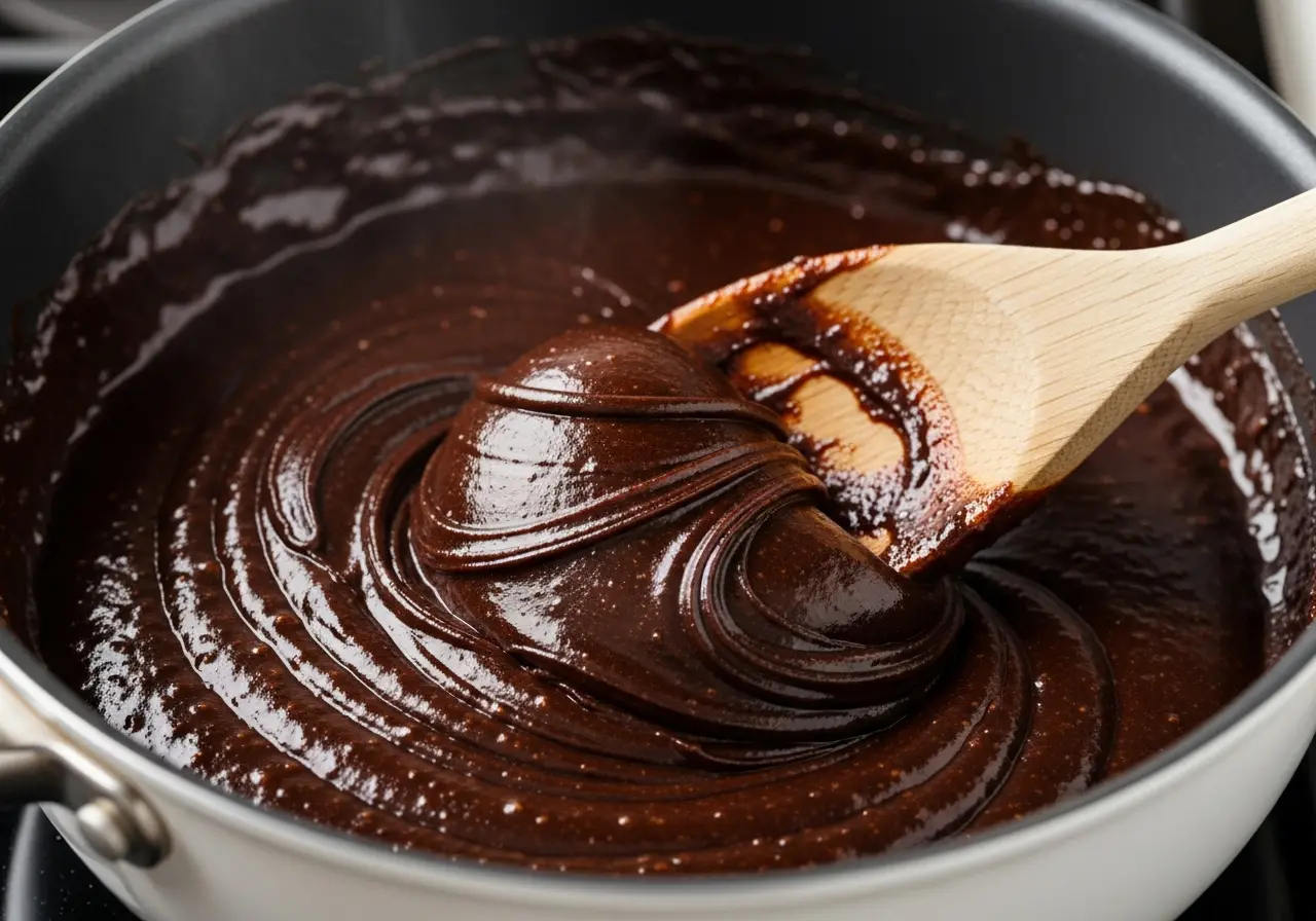 Stirring thick condensed milk and cocoa mixture for brigadeiros in a saucepan.