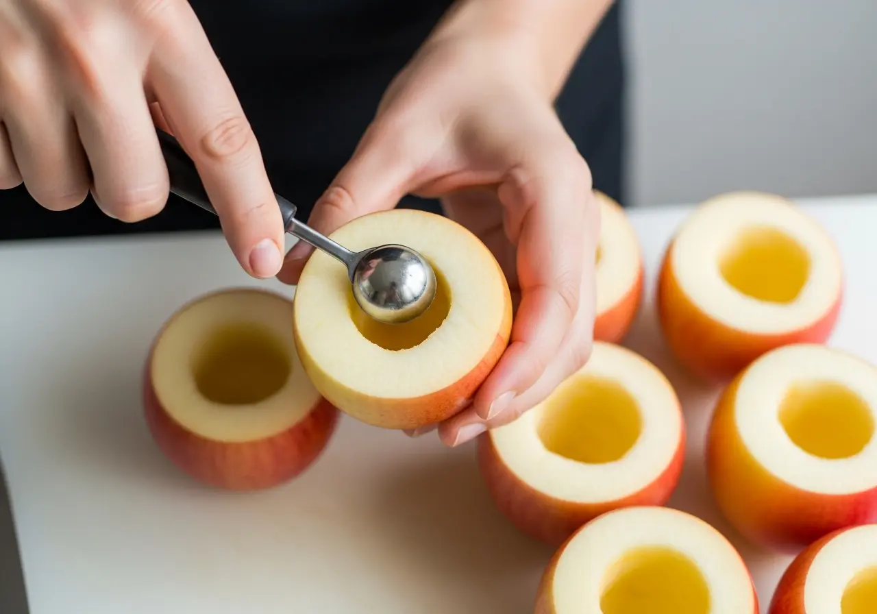 Hands coring a fresh apple to prepare for stuffed baked apples recipe.