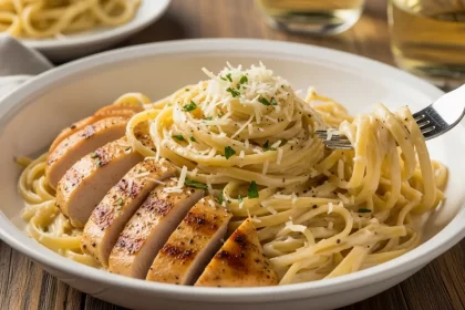 Creamy homemade fettuccine Alfredo pasta with tender grilled chicken, garnished with parmesan cheese and parsley.