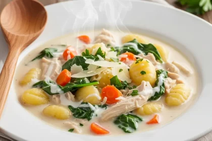 Bowl of creamy chicken gnocchi soup with chicken, carrots, and spinach.