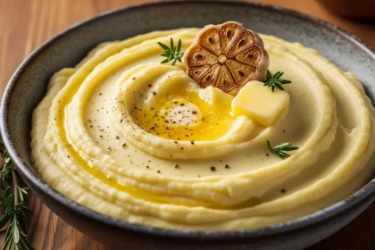 Creamy homemade garlic mashed potatoes swirled in a bowl with melted butter and herbs.