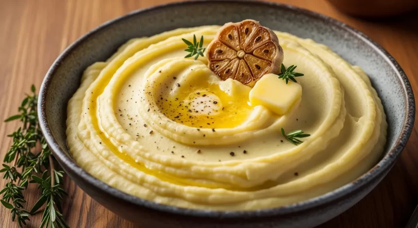 Creamy homemade garlic mashed potatoes swirled in a bowl with melted butter and herbs.