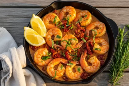 Tuscan shrimp in creamy garlic sauce with sun-dried tomatoes and fresh basil in a skillet.