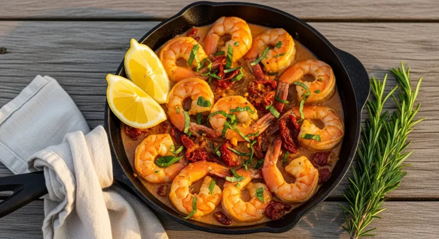 Tuscan shrimp in creamy garlic sauce with sun-dried tomatoes and fresh basil in a skillet.