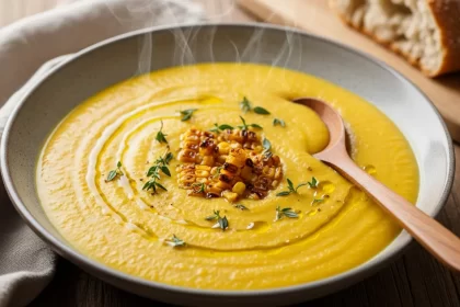 Bowl of creamy vegan corn chowder garnished with thyme and roasted corn kernels.