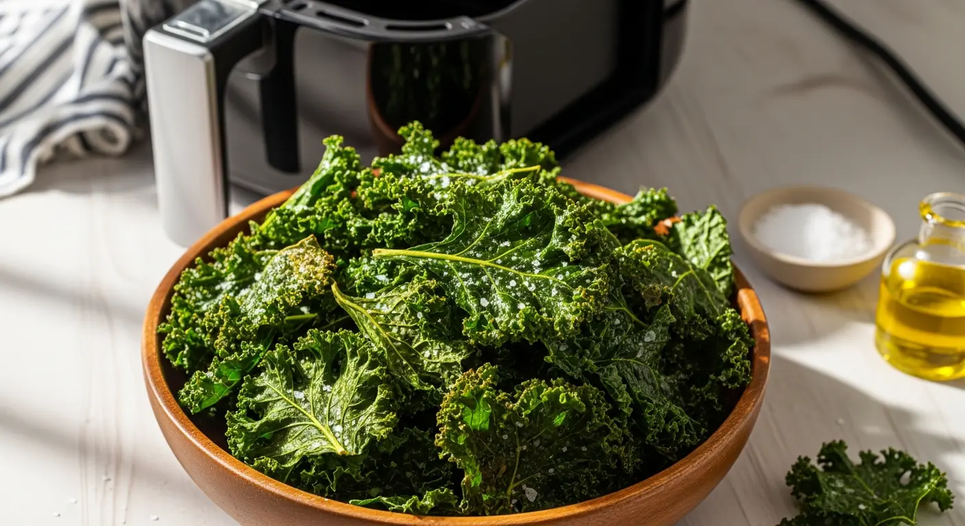 Crispy homemade kale chips made in an air fryer, lightly salted, served in a rustic wooden bowl.