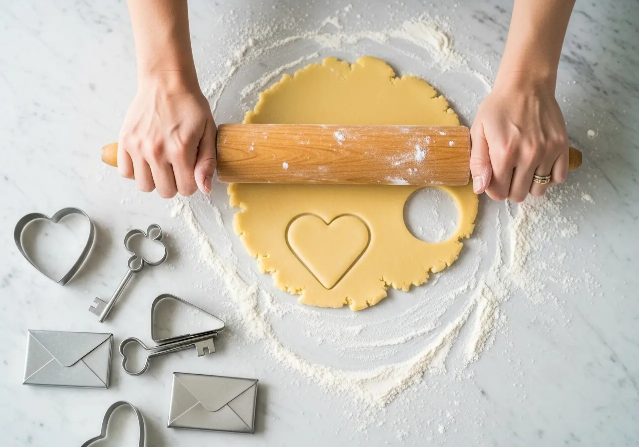 Rolling out sugar cookie dough and using heart-shaped cutter to make homemade Valentine's Day cookies.