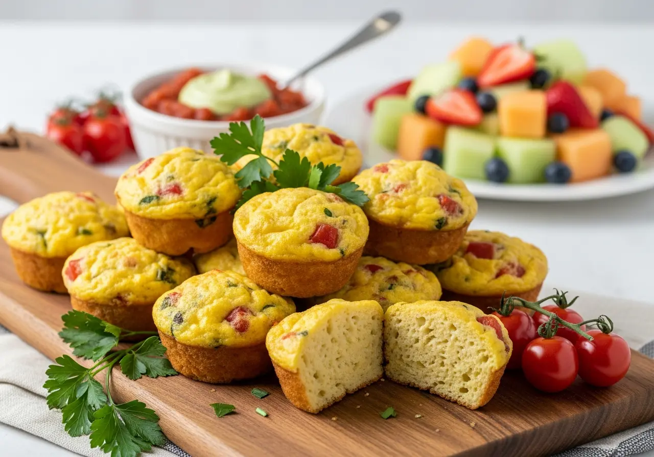 Denver omelet muffins served on a brunch platter with salsa, fruit, and fresh herbs.