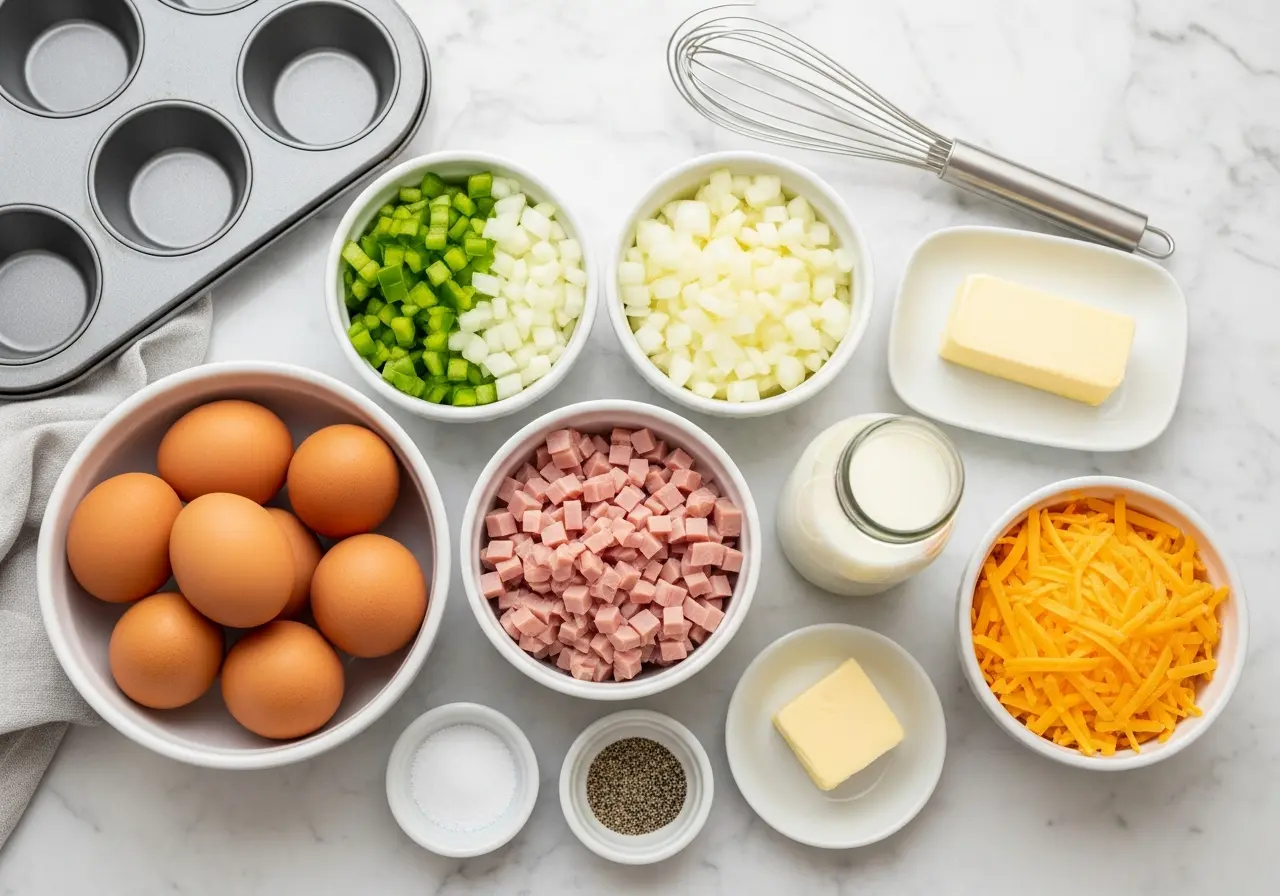 Ingredients for Denver omelet muffins: eggs, ham, bell peppers, onion, cheddar cheese, and milk.