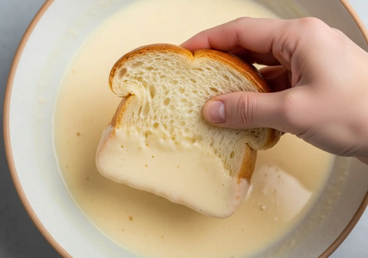 Soaking brioche bread in coconut milk and egg custard mixture for French toast.