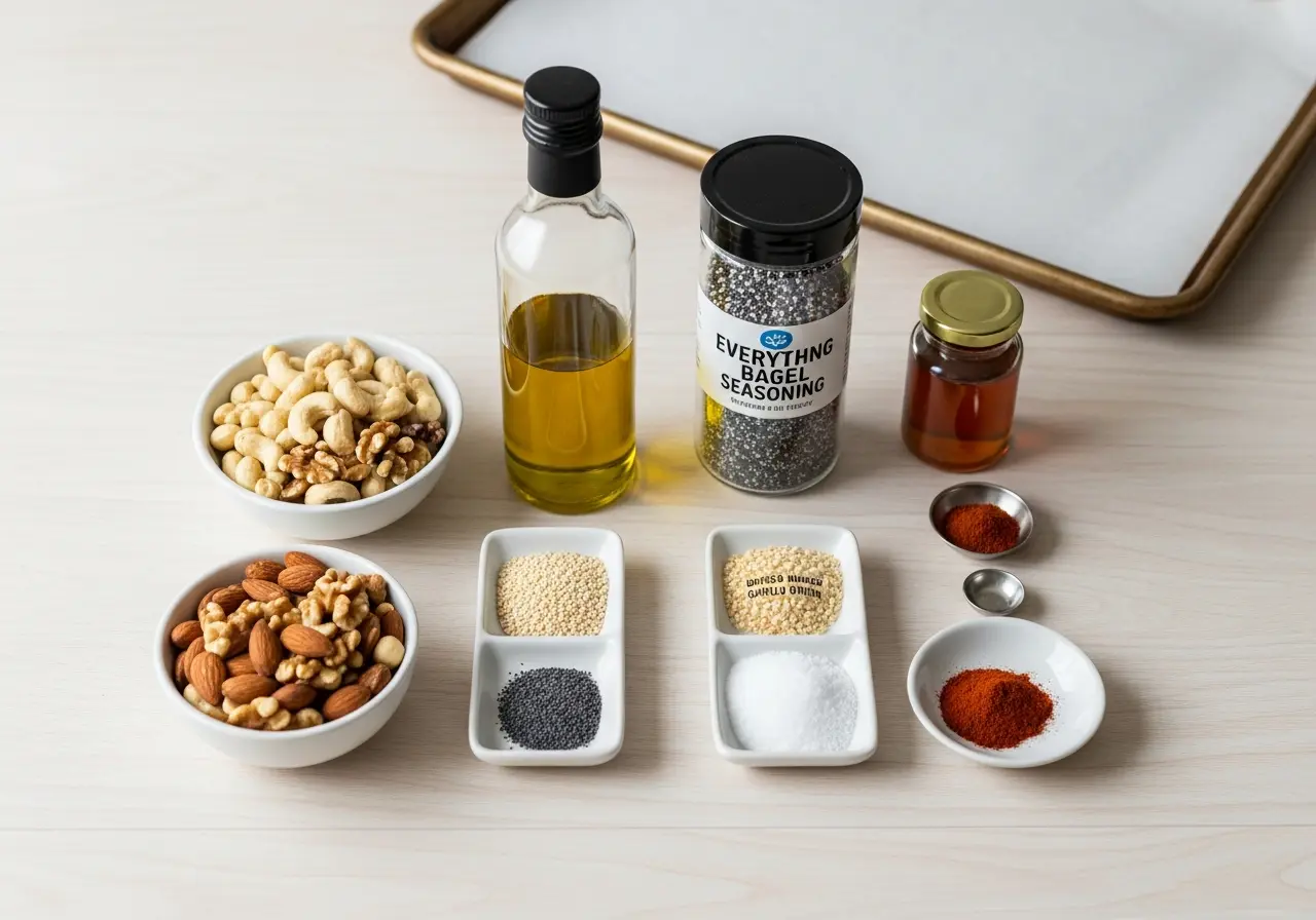 Raw nuts, olive oil, everything bagel seasoning, and spices for making roasted nuts.