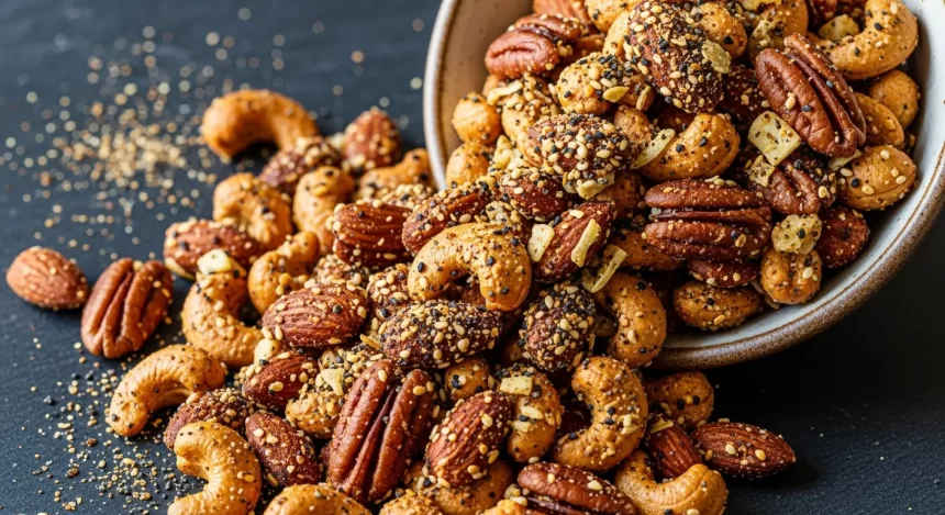 Everything bagel seasoning roasted mixed nuts in a bowl, coated with sesame seeds, garlic, and onion.