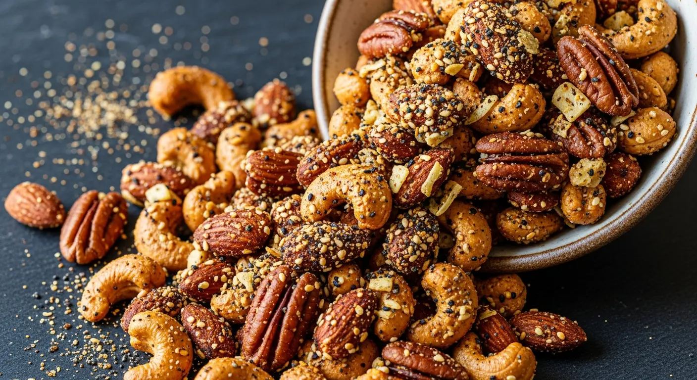 Everything bagel seasoning roasted mixed nuts in a bowl, coated with sesame seeds, garlic, and onion.