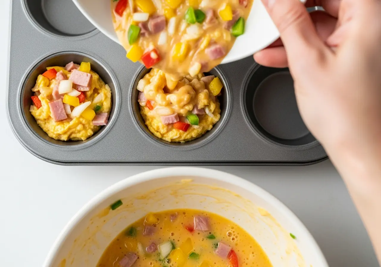 Pouring egg, ham, and vegetable mixture into a muffin tin to make omelet muffins.

