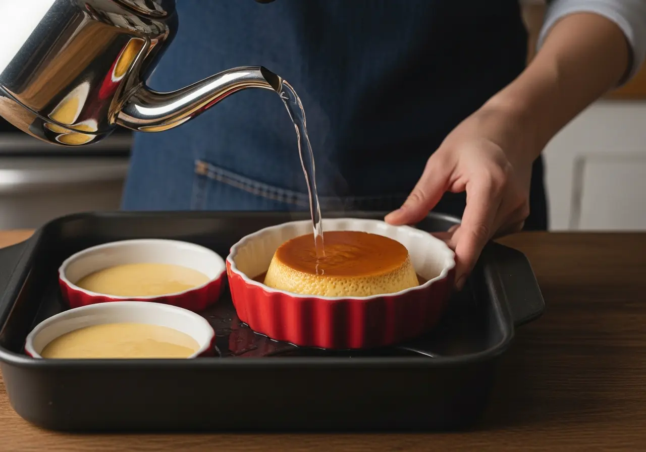 Placing flan dish into a water bath for gentle baking to prevent cracking.

