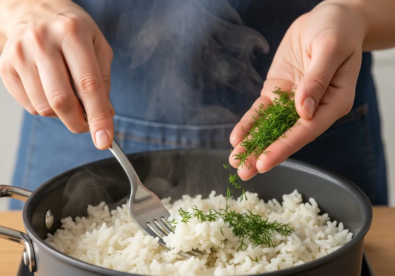 Fluffing lemon rice with a fork and adding chopped fresh dill for flavor.