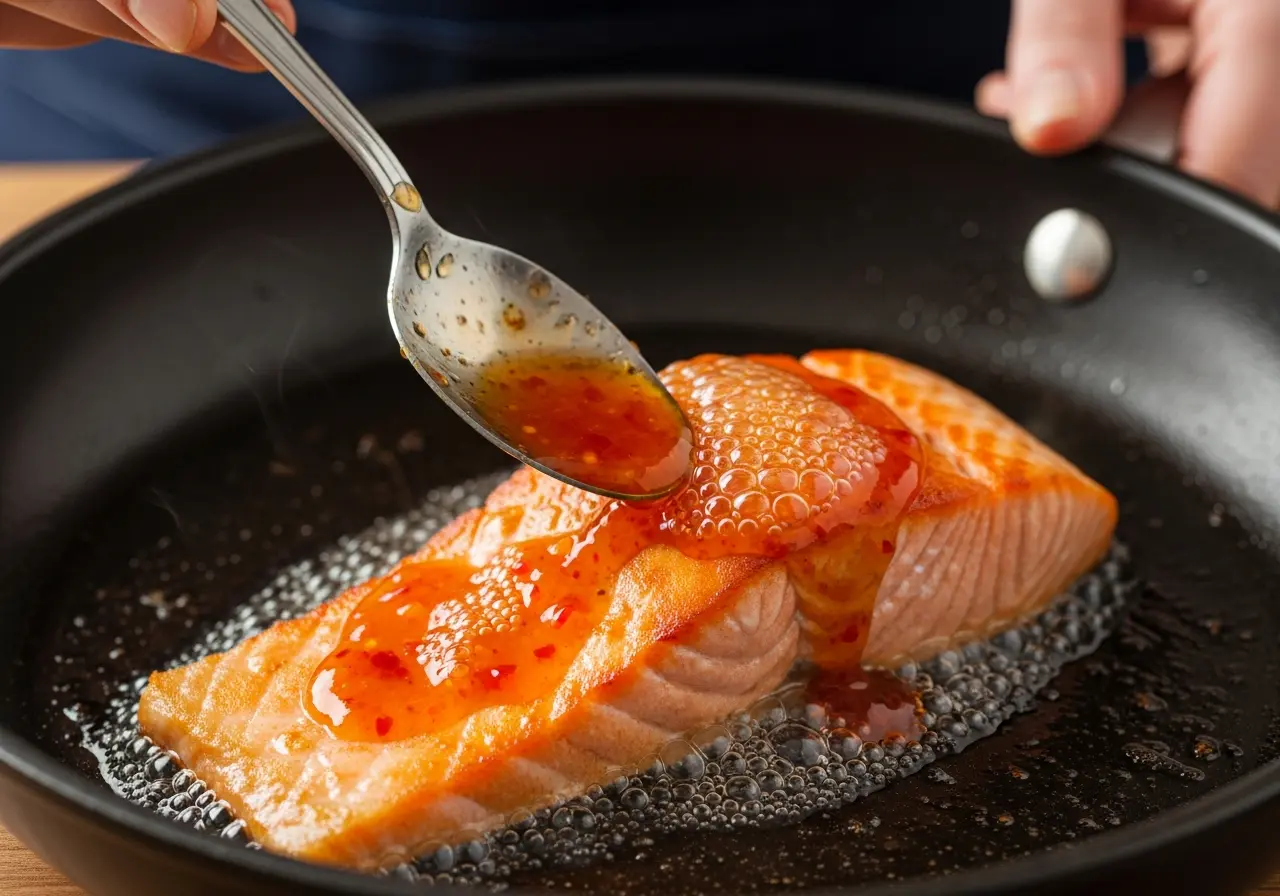 Cooking salmon by basting it with sweet chili sauce in a hot skillet to create a sticky glaze.