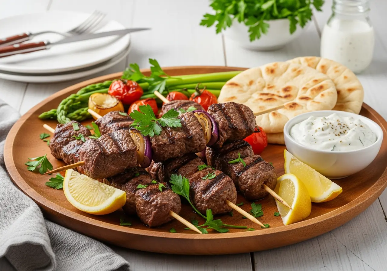 Grilled beef kabobs served with fresh spring vegetables, pita bread, and creamy tzatziki sauce