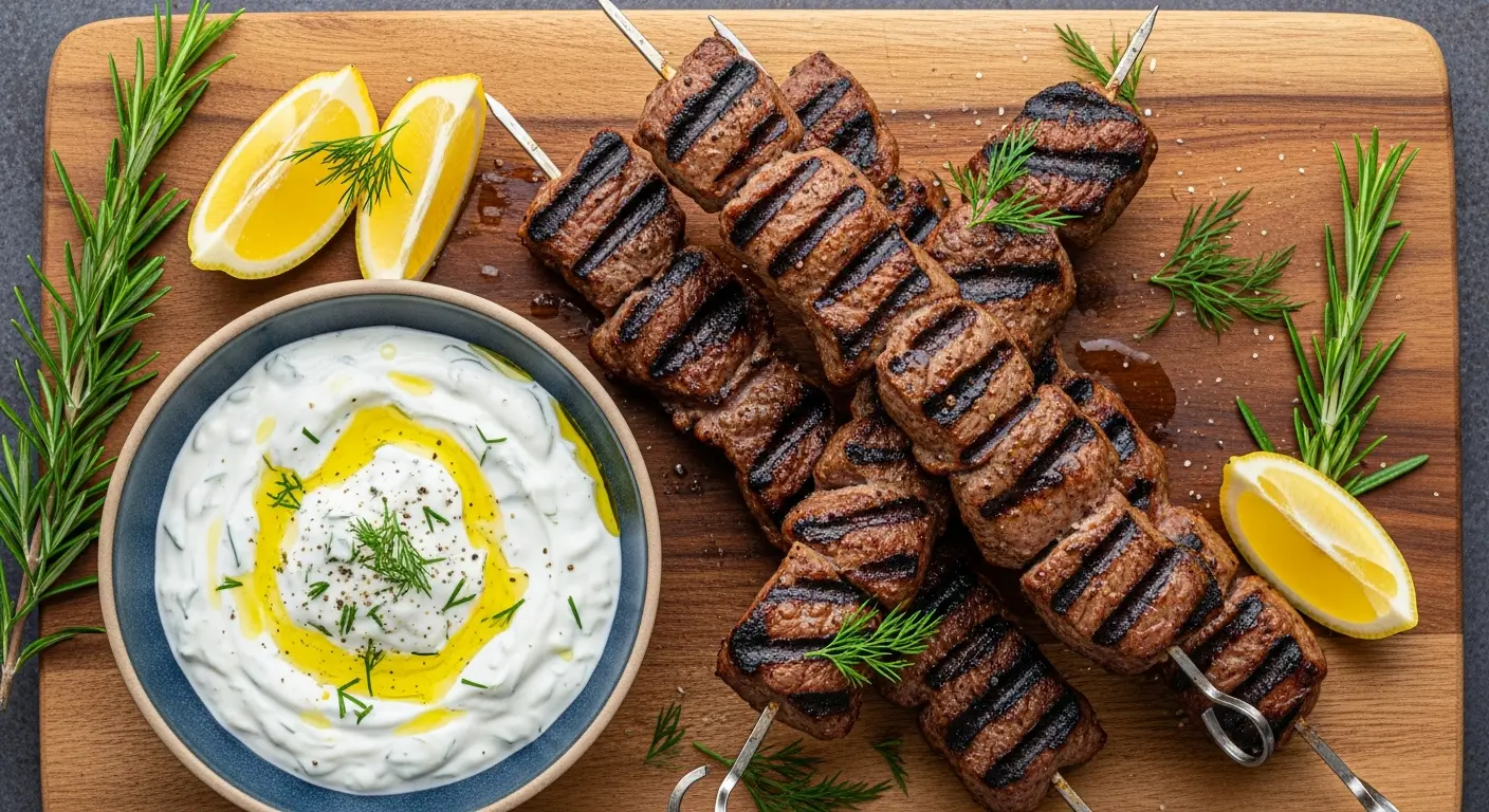 Grilled lamb kebabs on skewers served with a bowl of tzatziki sauce and lemon.