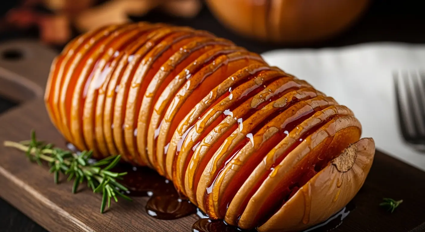 Beautiful roasted Hasselback butternut squash with caramelized edges and maple glaze.