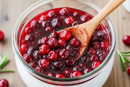 Fresh homemade cranberry sauce with whole berries in a glass jar, perfect for holidays.