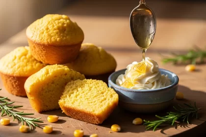 Freshly baked honey butter cornbread muffins, sliced open, with whipped honey butter on the side.