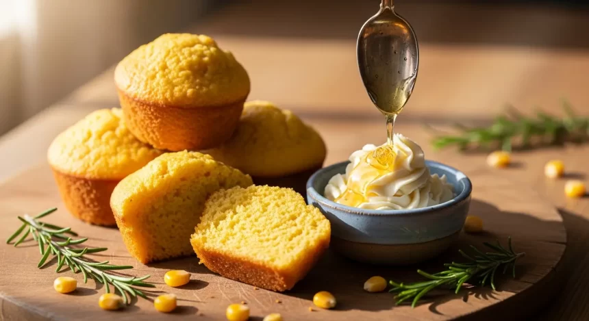 Freshly baked honey butter cornbread muffins, sliced open, with whipped honey butter on the side.