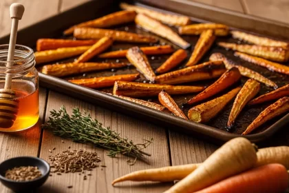 Caramelized honey roasted parsnips and carrots on a baking sheet with fresh thyme and jar of honey. An easy, sweet and savory roasted root vegetable side dish.