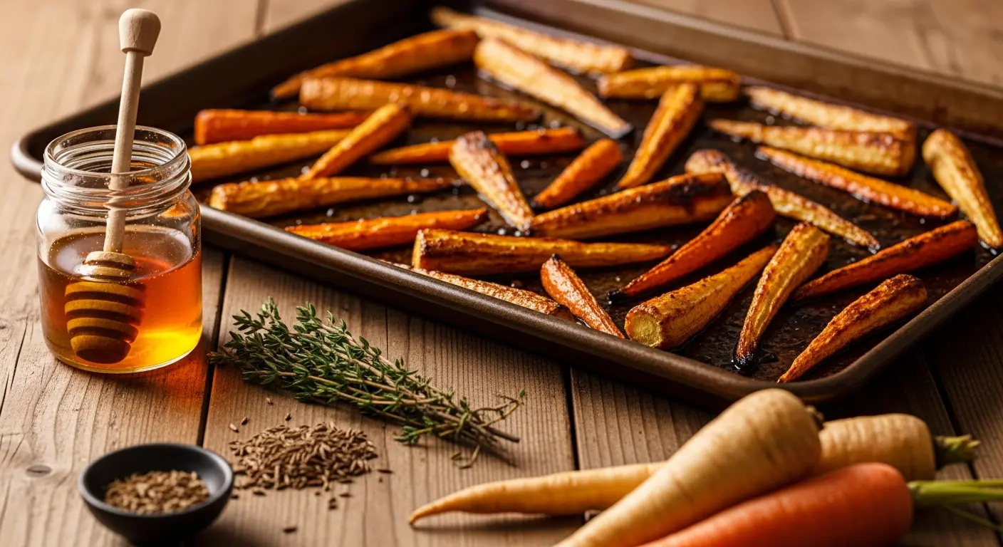 Caramelized honey roasted parsnips and carrots on a baking sheet with fresh thyme and jar of honey. An easy, sweet and savory roasted root vegetable side dish.