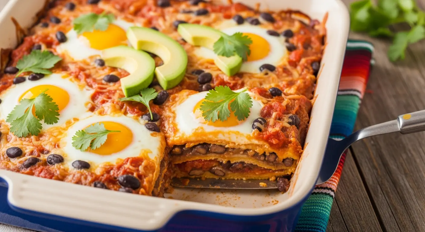 Huevos rancheros breakfast casserole with layers of tortillas, beans, cheese, and sauce.