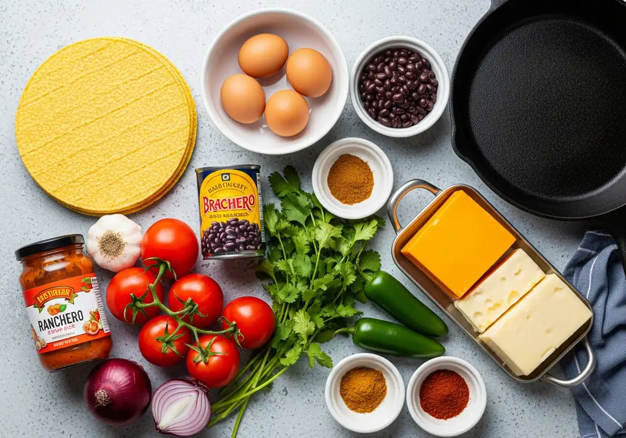 Ingredients for huevos rancheros casserole: corn tortillas, eggs, beans, tomatoes, cheese, and spices.