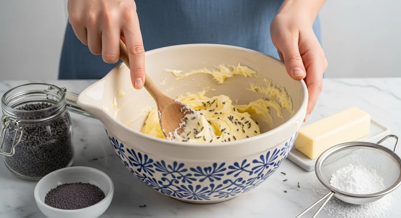  Infusing butter with ground lavender buds to make fragrant lavender shortbread cookie dough.