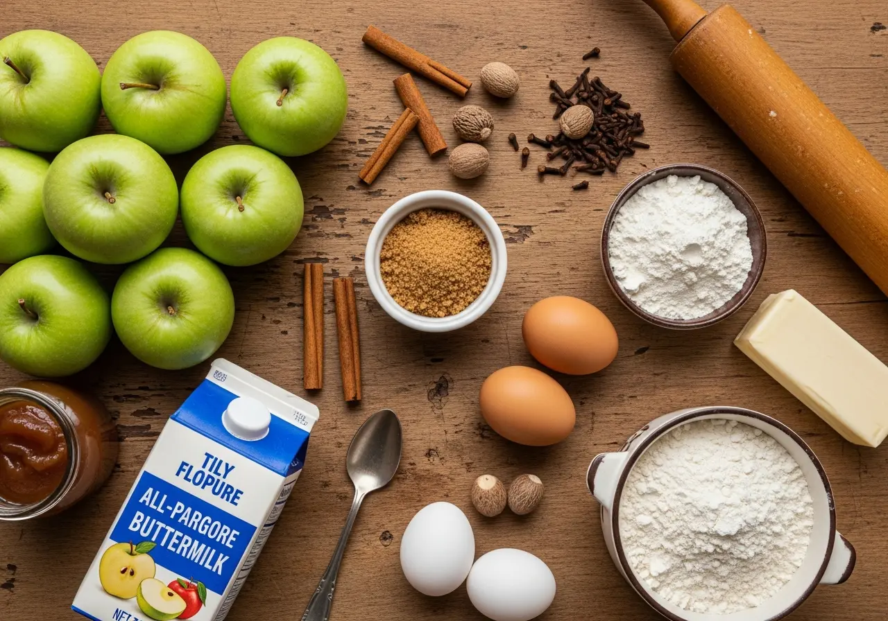 Ingredients for apple stack cake: apples, flour, brown sugar, cinnamon, nutmeg, and spices.