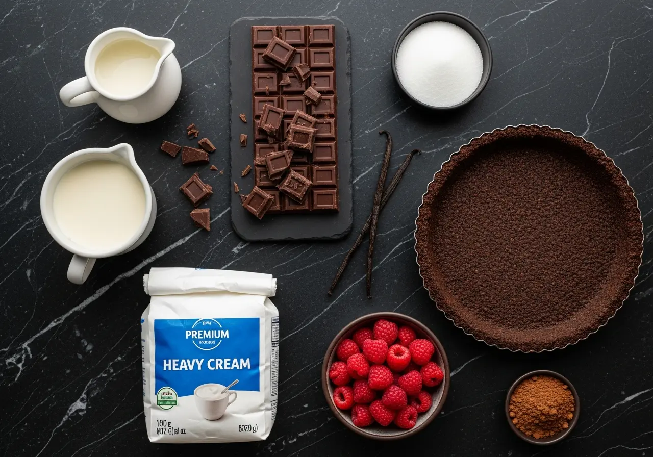 Ingredients for chocolate cream pie: dark chocolate, heavy cream, vanilla, and a cookie crust.