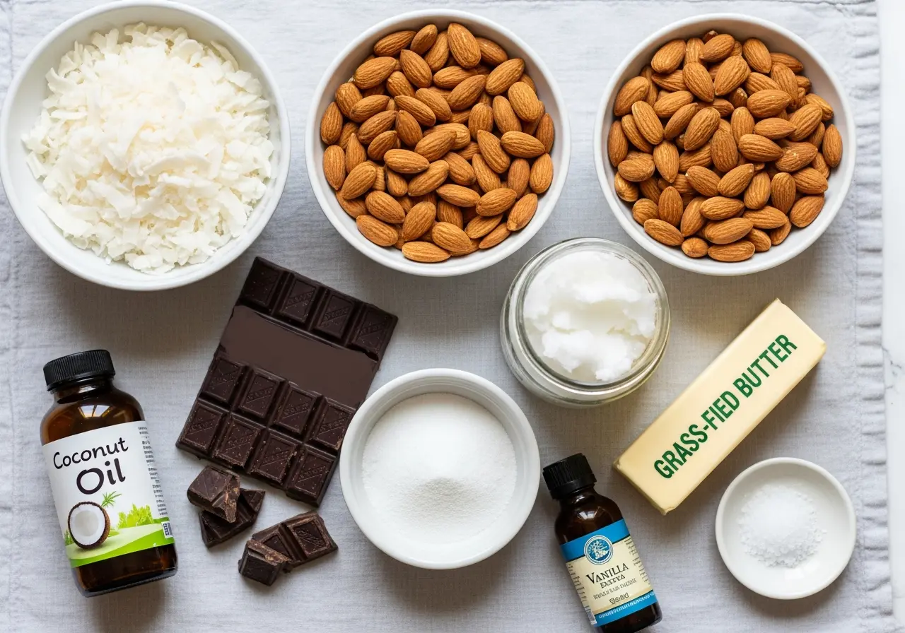 Ingredients for low-carb fat bombs: shredded coconut, almonds, sugar-free chocolate, coconut oil, erythritol.