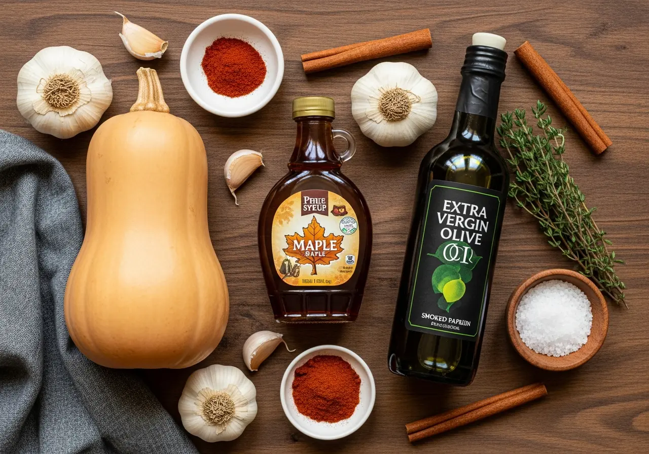 Ingredients for Hasselback butternut squash: whole squash, maple syrup, olive oil, and autumn spices.