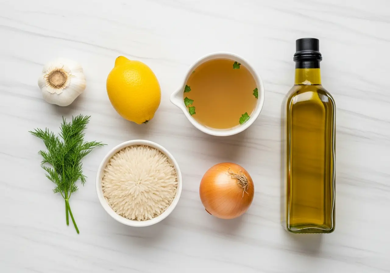 Ingredients for lemon dill rice: rice, fresh lemon, dill, garlic, onion, and broth.
