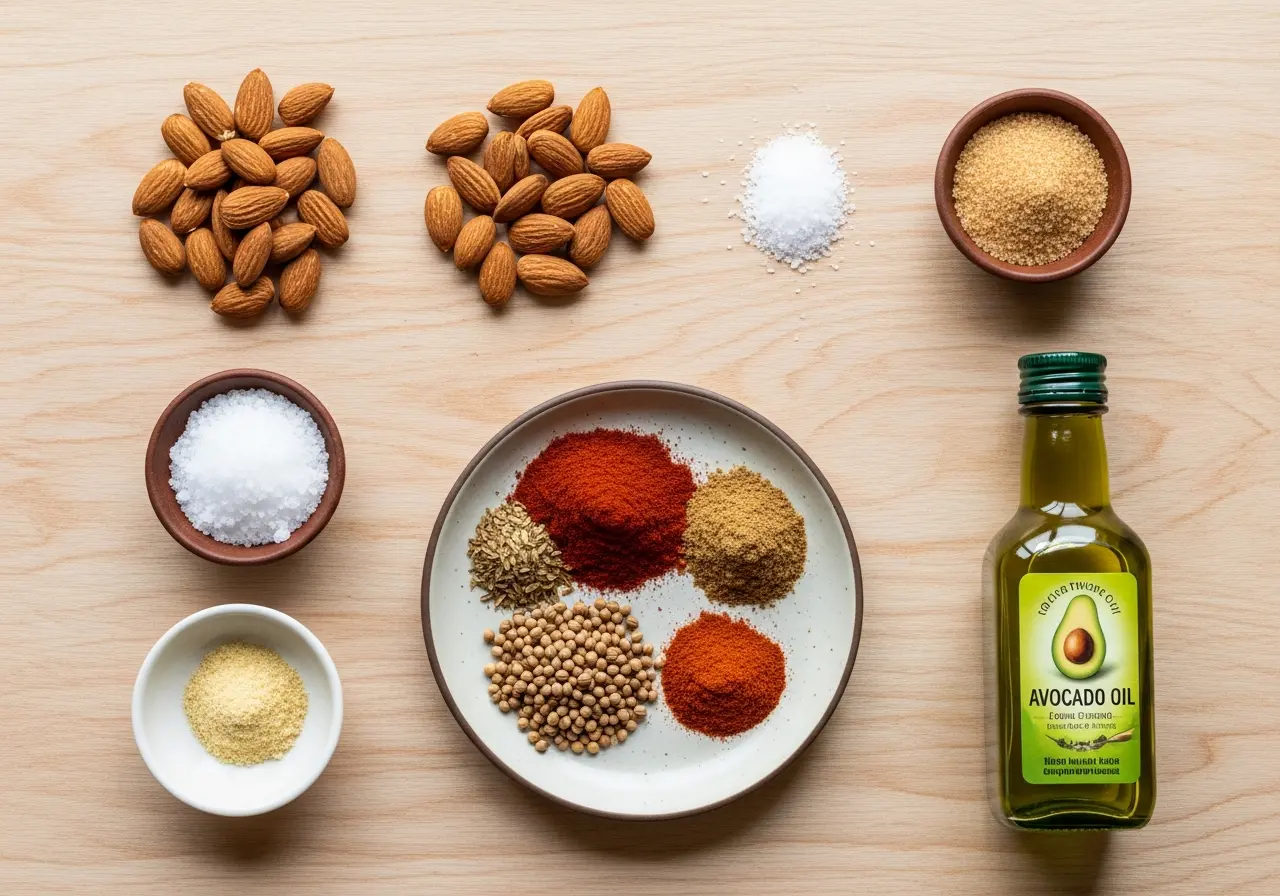 Ingredients for spiced almonds: raw almonds, smoked paprika, cumin, coriander, salt, and spices.