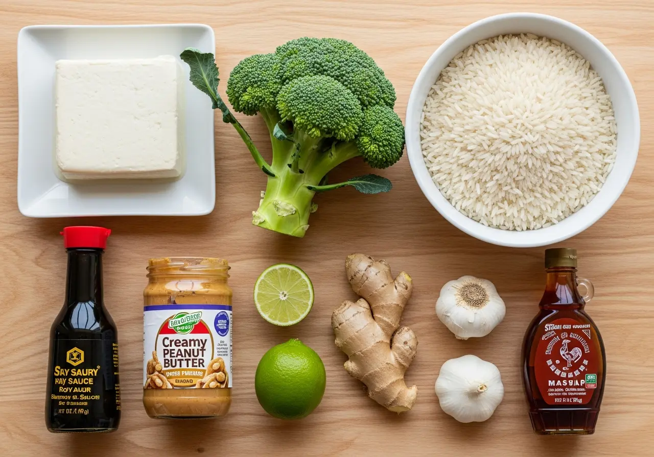 Ingredients for tofu bowl: tofu, broccoli, peanut butter, rice, soy sauce, ginger, and spices.