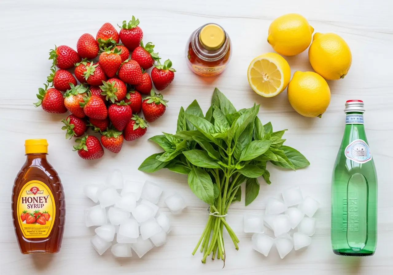 Ingredients for strawberry basil mocktail: fresh strawberries, basil, lemon, honey, sparkling water.