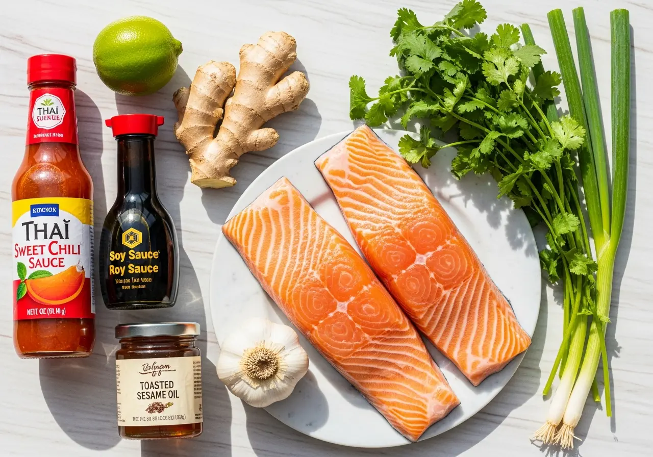  Ingredients for sweet chili salmon: fresh salmon, chili sauce, soy sauce, lime, ginger, garlic, and sesame oil.