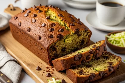 Freshly baked whole loaf of chocolate chip zucchini bread with slices on a wooden board, showing moist interior with melted chocolate chips.