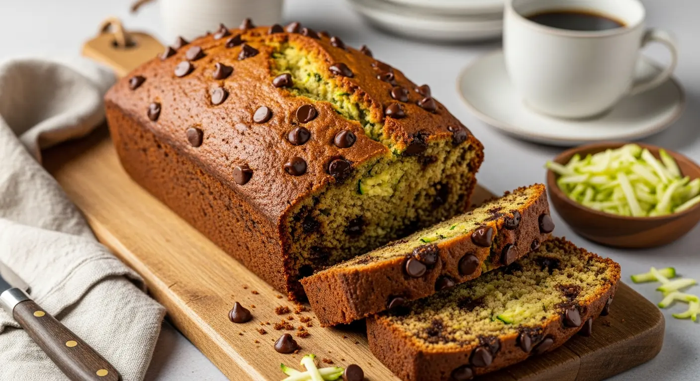 Freshly baked whole loaf of chocolate chip zucchini bread with slices on a wooden board, showing moist interior with melted chocolate chips.