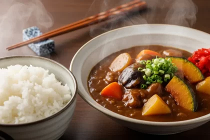 Authentic Japanese vegetable curry in a bowl with chunks of carrots and potatoes, served alongside steamed short-grain rice.